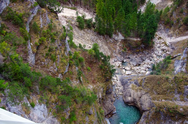 Füssen, Germany – Christmas 2016. View down to the gorge below Marienbrücke or ‘Marys Bridge’.