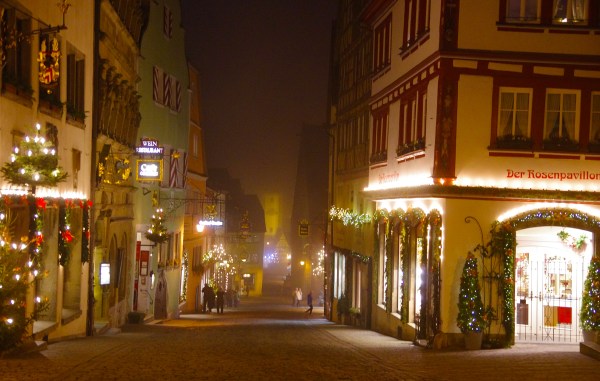 Rothenburg ob der Tauber, Germany - Christmas 2016. There's hardly anyone around by 9 pm and then the mist begins to descend.