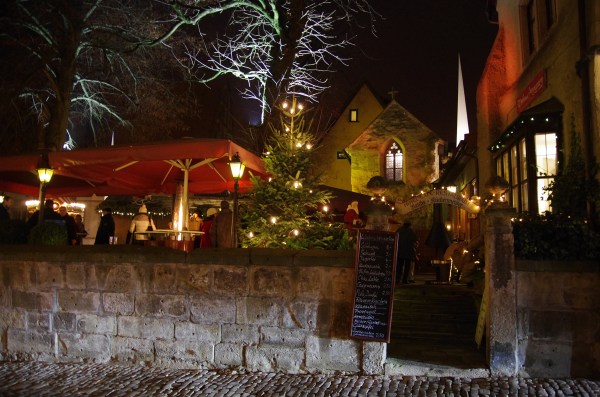 Rothenburg ob der Tauber, Germany - Christmas 2016. There's still a bit of life outside this hotel and in the adjoining walled beer garden.