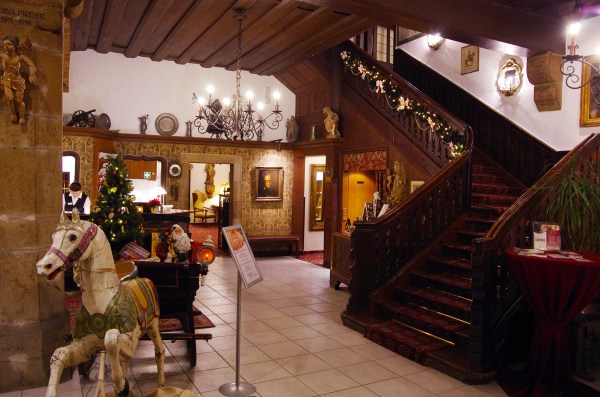 Rothenburg ob der Tauber, Germany - Christmas 2016. Hotel Eisenhut, Entrance and Reception Area. The hotel is in a great location, right beside the Christmas Market. The shared spaces are beautiful but the room we had was very dated. The room was clean and large but the overall appearance was a letdown. I would still recommend Hotel Eisenhut despite our room.