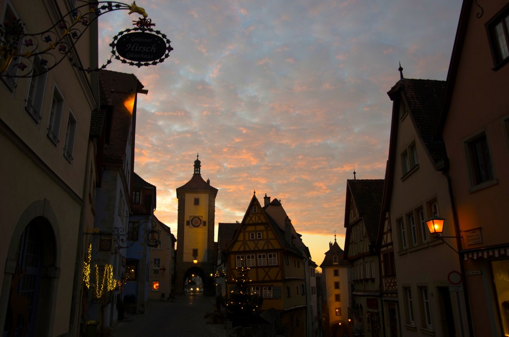 Rothenburg ob der Tauber, Germany - Christmas 2016. Beautiful morning sunrise on the last day of our trip.